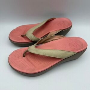 Crocs Thong Sandals‎ Wedges Comfort Beach Shoes Pink Beige Women's Size 6
